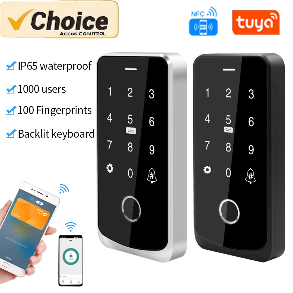 Tuya Smart NFC Bluetooth Biometric Fingerprint Access Control Keypad IP65 13.56MHz RFID Backlit For Touch Commercial Door System