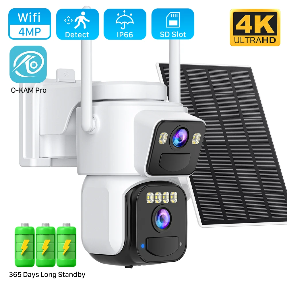 8MP Dual Lens Solar WIFI Security Cameras With Solar Panels Color Night Vision PIR Motion Detection Ourdoor IP Camera O-KAM App