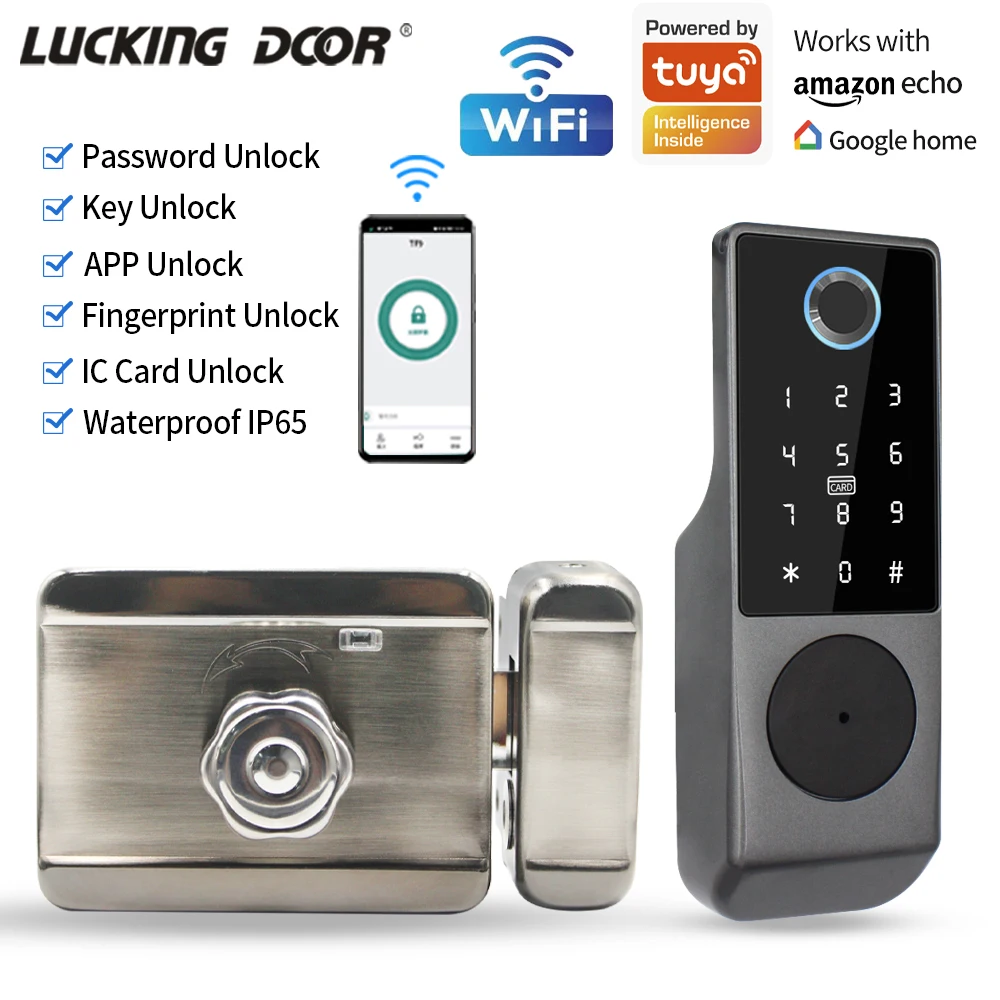 Waterproof Tuya Wifi Remote Control Fingerprint Motor Rim Lock Card Code Smart Door Lock Work for Google Alexa Echo Waterproof Tuya Wifi Remote Control Fingerprint Motor Rim Lock Card Code Smart Door Lock Work for Google Alexa Echo