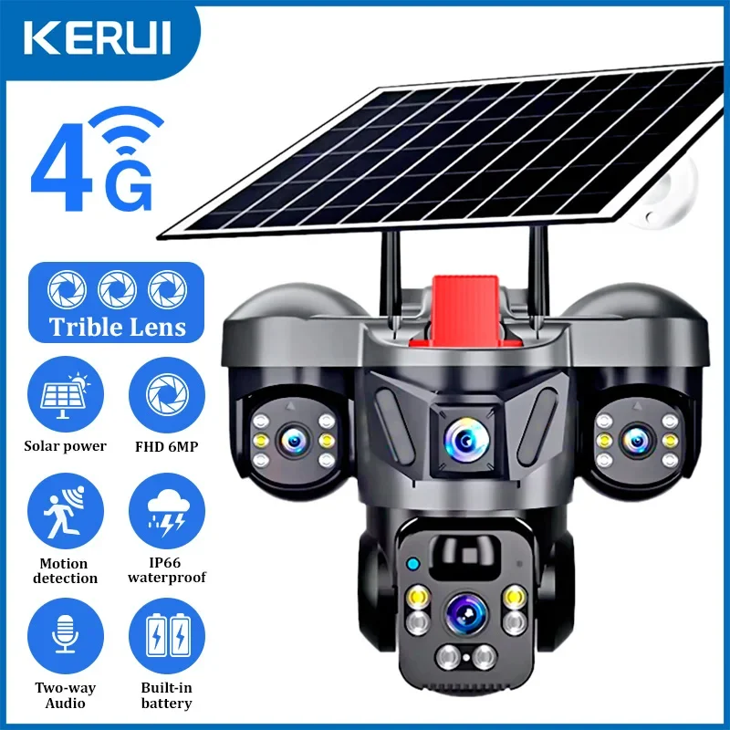 KERUI V380 Pro Outdoor PTZ 6MP WIFI 4G Solar Camera Home Security Triple Lens Camera Solar Panel CCTV Video Surveillance KERUI V380 Pro Outdoor PTZ 6MP WIFI 4G Solar Camera Home Security Triple Lens Camera Solar Panel CCTV Video Surveillance