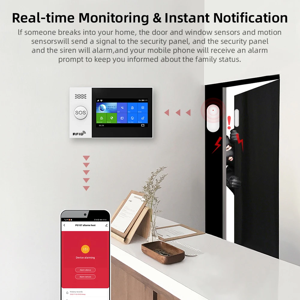 WiFi Home Alarm System GSM Tuya Smart Home Security Alarm Kit with Siren PIR Motion Sensor Remote Controls Window Door Sensor 4